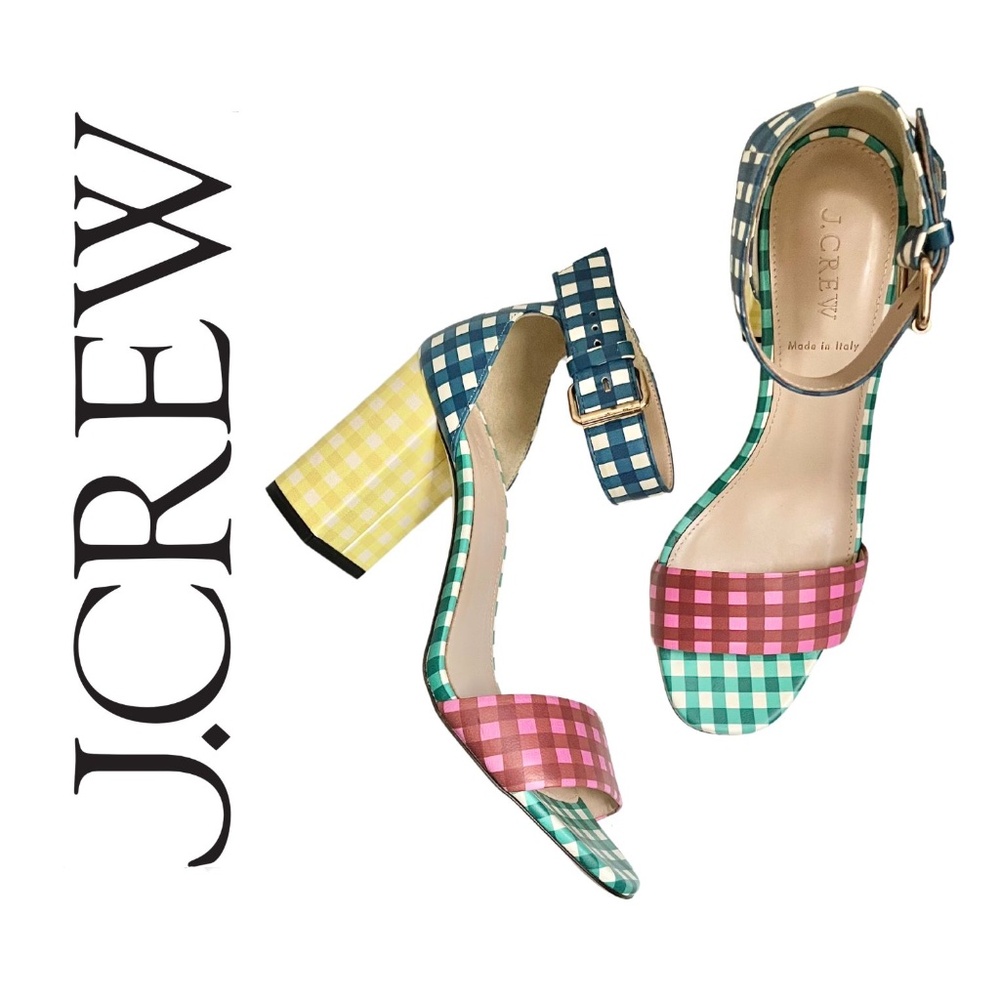 EUC J. Crew Multi-Colored Gingham Block Heel Sandals // Size 8